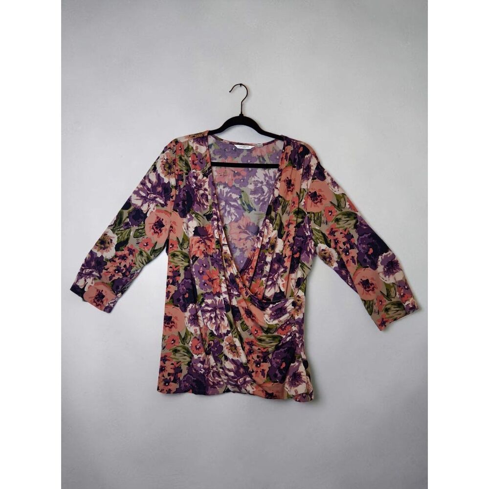 Liz Claiborne Plus Size 2X Floral Faux Wrap Surplice Top Purple Coral 3/4 Sleeve